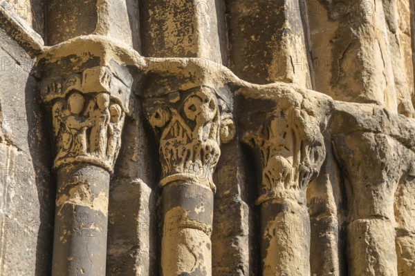 Stonework religious carvings, Iglesia del Salvador church, village of Luesia, Cinco Villas, Zaragoza province, Aragon, Spain