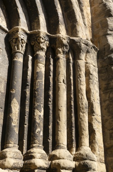 Stonework religious carvings, Iglesia del Salvador church, village of Luesia, Cinco Villas, Zaragoza province, Aragon, Spain