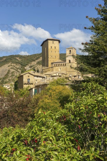Historic castle and church medieval village of Biel, Cinco Villas, Zaragoza province, Aragon, Spain