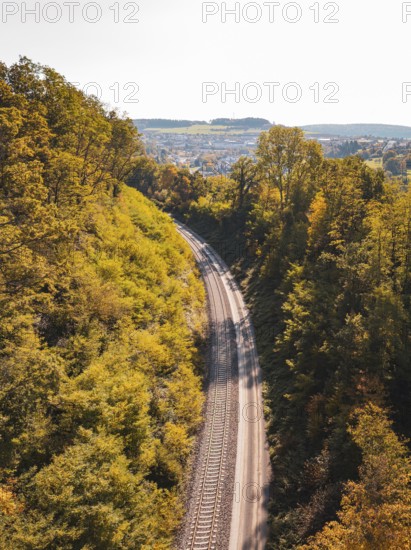 Railway tracks through autumn landscape with views of hills and trees, Bau der Hermann, Hesse, Bahn, Calw, Germany