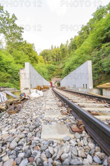 Track construction along a railway line leading to a tunnel, construction of Hermann, Hesse, Bahn, Calw, Germany