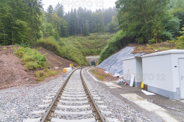 Railroad tracks lead through wooded landscape to a tunnel opening, construction of Hermann, Hesse, Bahn, Calw, Germany