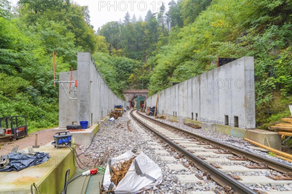 View of rails and construction along a railway line in the forest, Bau der Hermann, Hesse, Bahn, Calw, Germany