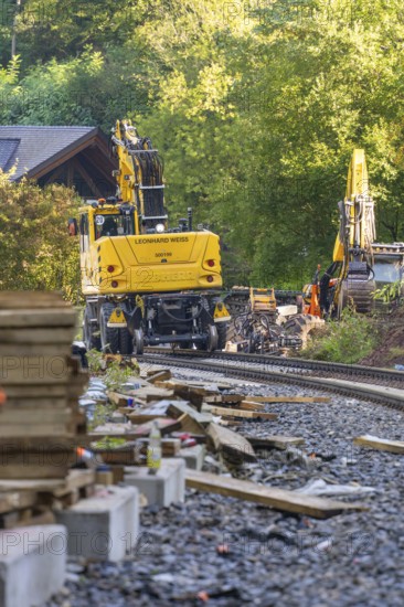 A construction site in the forest with construction machinery and rail works, construction of Hermann, Hesse, Bahn, Calw, Germany