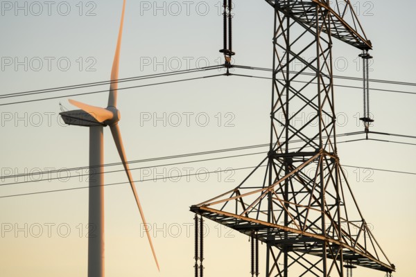 Wind turbine with power pole, technological energy generation, Swabian Alb, Baden-Württemberg, Germany