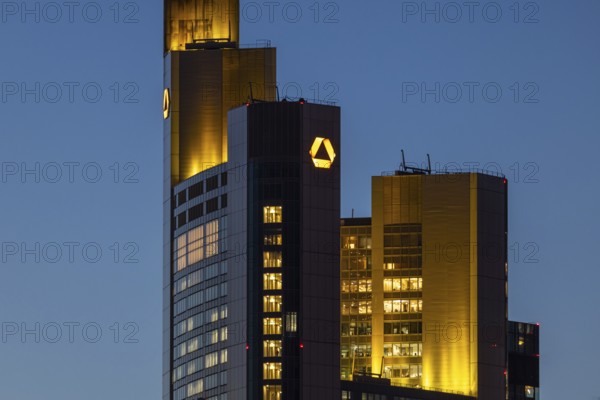 The top of the Commerzbank Tower in Fankfurt am Main glows in the evening, Frankfurt am Main, Hesse, Germany