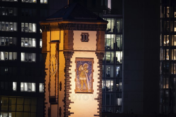 The façade of Langen Franz in Frankfurt am Main is illuminated in the evening, Frankfurt am Main, Hesse, Germany