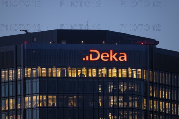 The lights are on at Deka Bank's offices in Frankfurt am Main in the evening, Frankfurt am Main, Hesse, Germany