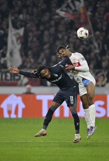 Header duel action Lorenz Assignon VfB Stuttgart (22) against Goncalo Borges Feyenoord Rotterdam (11) puts on pants underwear Europa League, MHPArena, MHP Arena Stuttgart, Baden-Württemberg, Germany