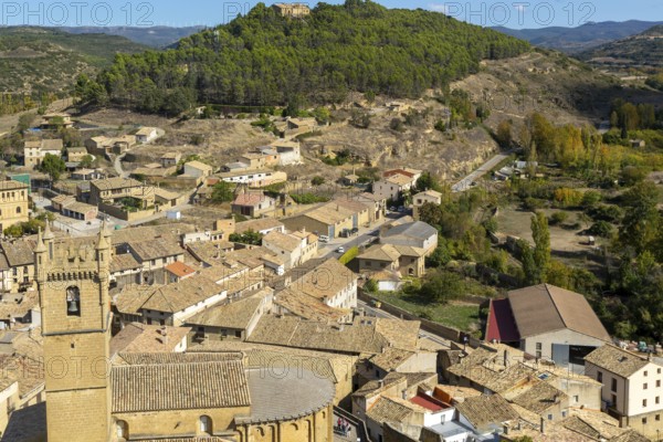Church tower and rooftops of medieval village of Uncastillo, Cinco Villas, Zaragoza province, Aragon, Spain