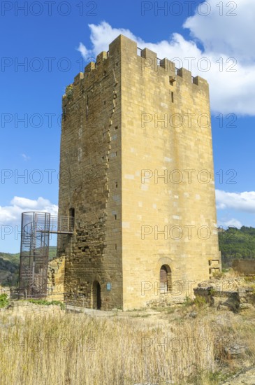 Castle tower in medieval village of Uncastillo, Cinco Villas, Zaragoza province, Aragon, Spain