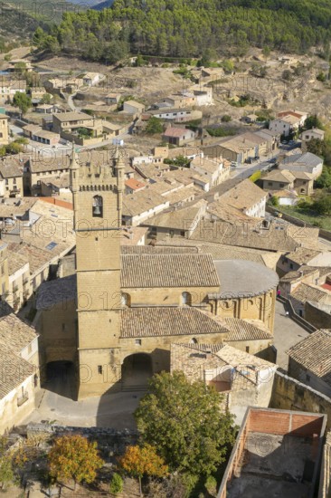 Church tower and rooftops of medieval village of Uncastillo, Cinco Villas, Zaragoza province, Aragon, Spain