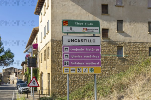 Sign for medieval village of Uncastillo, Cinco Villas, Zaragoza province, Aragon, Spain