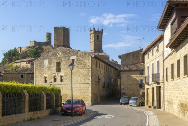 Castle and church in medieval village of Uncastillo, Cinco Villas, Zaragoza province, Aragon, Spain