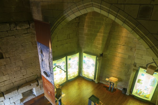 Information display inside Castle tower, medieval village of Uncastillo, Cinco Villas, Zaragoza province, Aragon, Spain