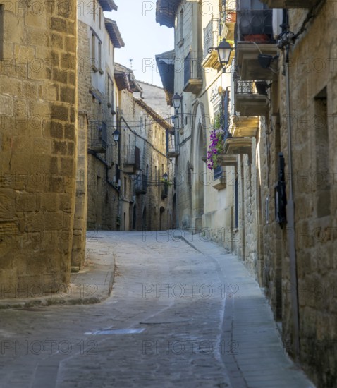 Narrow road alleyway street in medieval village of Uncastillo, Cinco Villas, Zaragoza province, Aragon, Spain