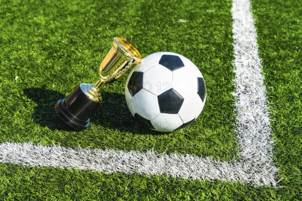 Soccer ball standing beside a gold champion trophy on a vibrant green artificial turf field with white lines, representing sports success, competition, and victory