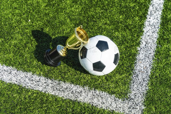 Soccer ball positioned alongside a gleaming gold trophy cup, symbolizing victory and championship success, resting on vibrant green artificial turf with white field marking