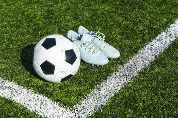 Soccer ball and football cleats sitting on a green artificial grass pitch near the white boundary line, representing competition and sports equipment for an upcoming game