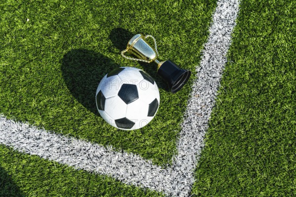 Soccer ball and gold trophy cup on artificial green turf with white line marking, top view flat lay evoking championship victory, success and sporting achievement on the pitch