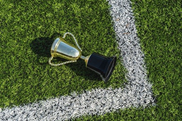 Golden championship trophy resting on green synthetic turf beside a white boundary line, symbolizing football victory, team success, and competition on the field
