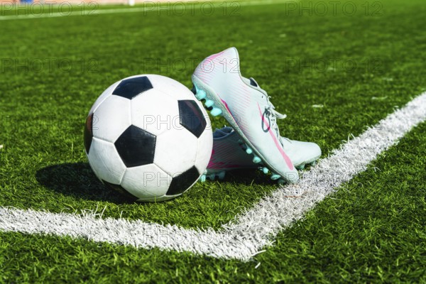 Soccer ball and football cleats are sitting on a green artificial grass pitch, close to the white boundary line of the vibrant playing field under sunny conditions