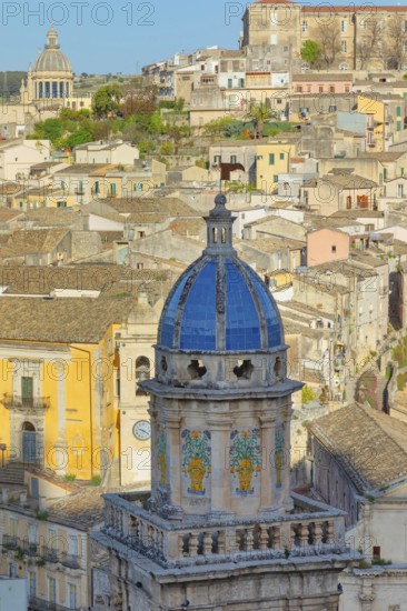 Elevated view of the church of Santa Maria dell'Itria and Ragusa Ibla in the distance, Ragusa Ibla, Ragusa province, Sicily, Italy