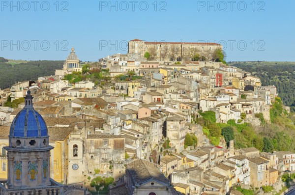 Elevated view of the church of Santa Maria dell'Itria and Ragusa Ibla in the distance, Ragusa Ibla, Ragusa province, Sicily, Italy