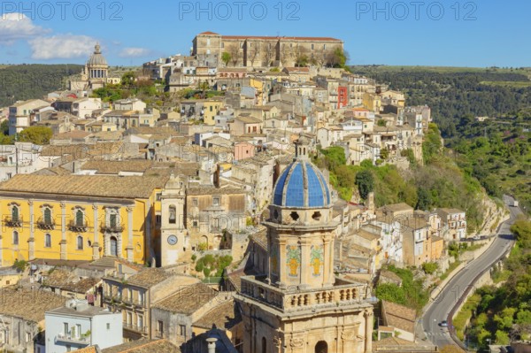 Elevated view of the church of Santa Maria dell'Itria and Ragusa Ibla in the distance, Ragusa Ibla, Ragusa province, Sicily, Italy