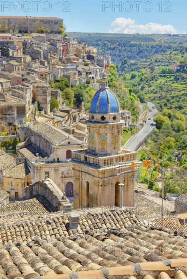 Elevated view of the church of Santa Maria dell'Itria and Ragusa Ibla in the distance, Ragusa Ibla, Ragusa province, Sicily, Italy