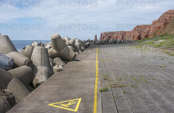 Coastline with concrete tetrapods by the sea, coastal protection, protective wall, paved coastal strip with yellow line, danger, warning, marking, red cliffs, cliff, cliffs, rock layers in the red sandstone and Lange Anna in the background, surf pillar, overcast sky, peaceful coastal scene, escape line, perspective, blue sea on the horizon, high seas island Heligoland, North Sea, Pinneberg District, Schleswig-Holstein, Germany