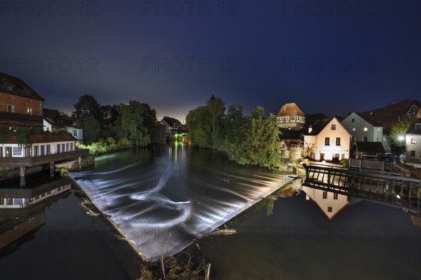 Nocturnal view of Pegnitz with dam and grinding mill, Lauf an der Pegnitz, Middle Franconia, Bavaria, Germany