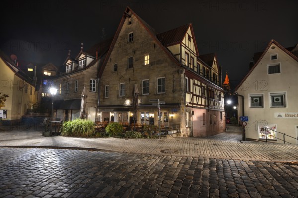 Nocturnal view of historic residential and commercial buildings, Lauf an der Pegnitz, Middle Franconia, Bavaria, Germany