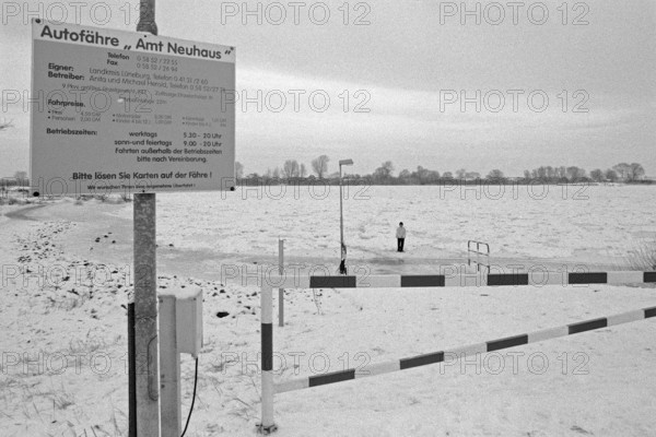 Person on ice rink, ferry dock, frozen Elbe, Bleckede, Lower Saxony, Germany, January 03, 1997, vintage, retro, old, historic