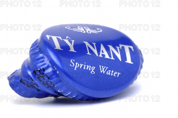 Screw cap of a water bottle, mineral water, Ty Nant, in blue designer bottle, water from Wales, is considered one of the best spring water in the world