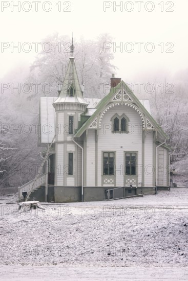 Idyllic old wooden house with beautiful carpentry a frosty and snowy cold misty winter day, Falköping, Sweden