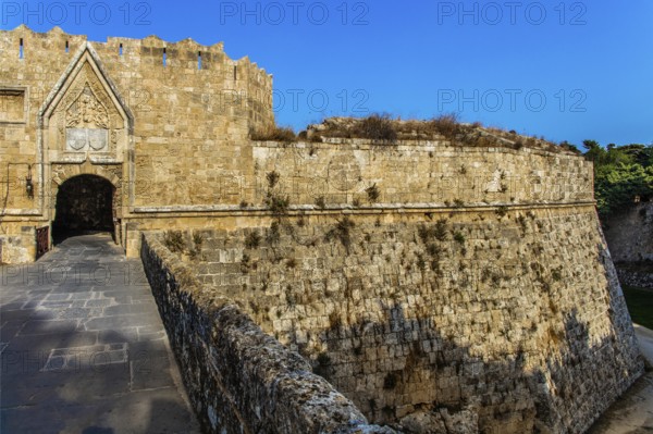 St. John's Gate, city wall up to 12 meters thick with gates enclosing the entire old town, Rhodes town