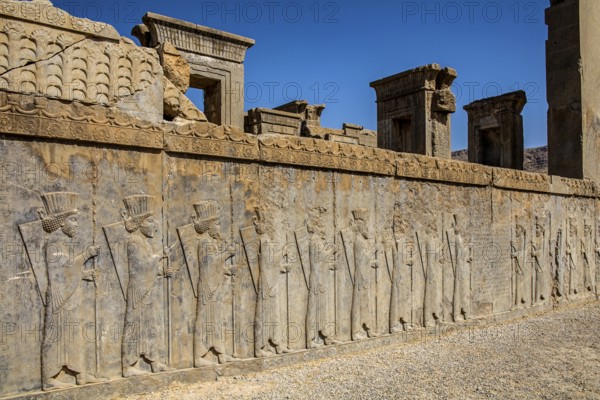 Persian wax soldiers on the western steps of Darius Palace, Persepolis, Persepolis, Iran