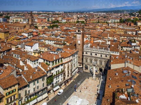 Piazza delle Erbe, view from Torre dei Lamberti, Verona with medieval old town, Veneto, Italy, Verona, Veneto, Italy