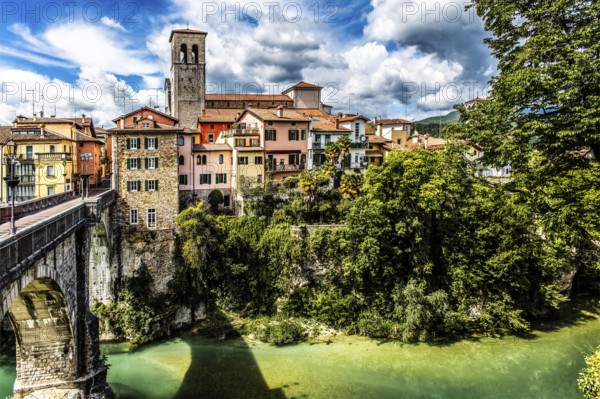 Ponte del Diavolo from the 15th century leads across the Natisone river to the old town, Devil's Bridge, Cividale del Friuli, city with historical treasures, UNESCO World Heritage, Friuli, Italy, Cividale del Friuli, Italy
