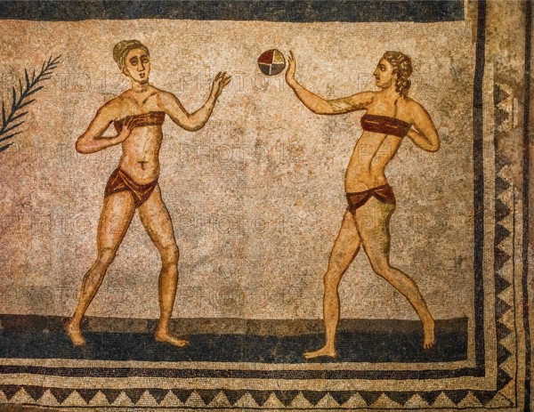 The bikini girls, sportswomen, mosaic floor, late Roman luxury villa from the 3rd - 4th century, Villa Romana del Casale, Piazza Armerina, Sicily