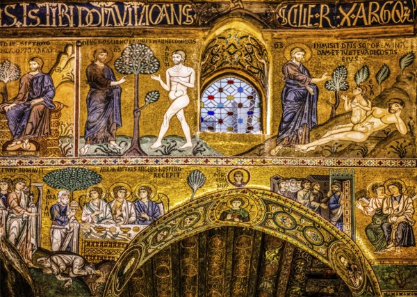 Eve is created from Adam's rib, story of creation, elaborate gold mosaics with episodes from the Old and New Testment, Norman Palace with the Cappella Palatina, Palermo, Sicily, Italy