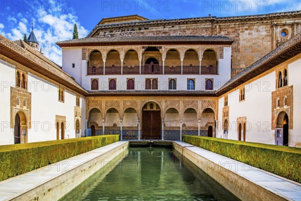 Myrtle courtyard with water basin, Patio de los Arrayanes, Nasrid Palaces, Alhambra, Granada