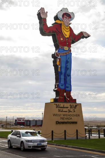 West Wendover, Nevada - Wendover Will, a neon-lit cigarette smoking cowboy, welcomes travelers to West Wendover