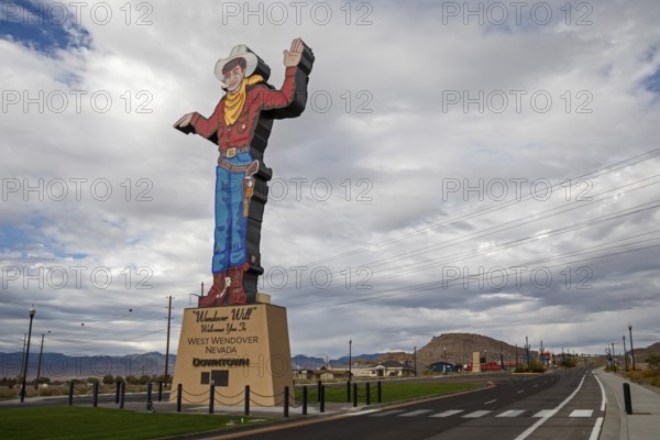West Wendover, Nevada - Wendover Will, a neon-lit cigarette smoking cowboy, welcomes travelers to West Wendover