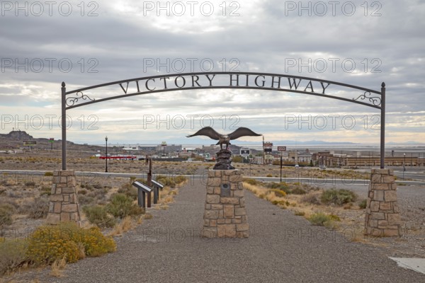 West Wendover, Nevada - A monument with a bronze eagle marks the Victory Highway, a cross-country auto route from the early 1920s that predates the numbered highway system. Most of the Victory Highway later became U.S. Highway 40