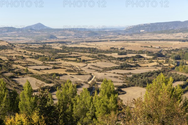 Countryside landscape view north to the Pyrenees Mountains, Sos del Rey Catolico, Cinco Villas district, Zaragoza province, Aragon, Spain