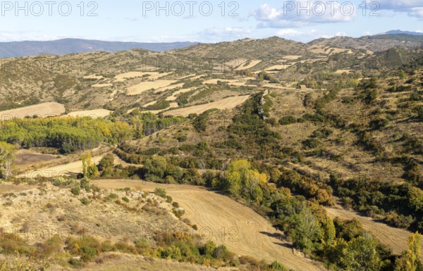 Countryside landscape view east to the Pyrenees Mountains, Sos del Rey Catolico, Cinco Villas district, Zaragoza province, Aragon, Spain