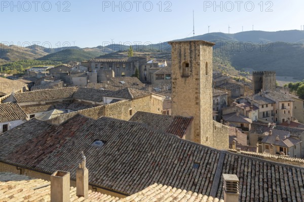 View over rooftops medieval village of Sos del Rey Católico, Cinco Villas district, Zaragoza province, Aragon, Spain