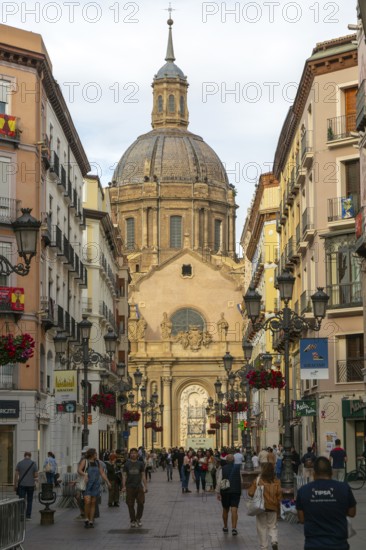 View of Basilica of Our Lady of the Pillar cathedral church from Calle de Alfonso I, Zaragoza, Aragon, Spain